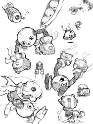 :3 analog_boy02 arms_up boxing_gloves creature creature_focus cross-section digimon digimon_(creature) fighting_stance greyscale highres mamemon monochrome multiple_views no_humans open_mouth pea_pod punching punching_bag raised_fist sketch smile