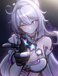 1girl absurdres bare_shoulders blue_eyes blush breasts closed_mouth commentary english_commentary finger_gun hair_between_eyes highres honkai_(series) honkai_impact_3rd kiana_kaslana kiana_kaslana_(herrscher_of_finality) large_breasts laxiusart long_hair looking_at_viewer one_eye_closed purple_pupils side_ahoge smile solo star-shaped_pupils star_(symbol) symbol-shaped_pupils upper_body white_hair