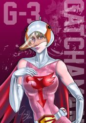 1girl animal_helmet artist_request belt bodysuit breasts cape cowboy_shot elbow_gloves eyelashes gatchaman gloves green_hair grey_eyes jun_the_swan lips looking_at_viewer parted_lips pink_background pink_shirt shirt signature smile solo thighhighs white_belt white_cape white_gloves