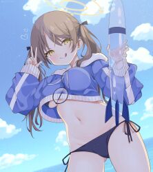 1girl :p absurdres between_breasts bikini bikini_under_clothes black_bikini blue_archive blue_sky breasts brown_hair cloud cropped_jacket day glasses gluteal_fold halo heart highres holding_rocket large_breasts looking_at_viewer moe_(blue_archive) moe_(swimsuit)_(blue_archive) navel no_eyewear outdoors rocket round_eyewear saekiya_sabou side-tie_bikini_bottom sky smile solo stomach swimsuit thighs tongue tongue_out twintails w yellow_eyes