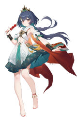 1girl absurdres anklet bare_shoulders barefoot black_bra bra chinese_clothes clothing_cutout commentary dated detached_sleeves fingernails full_body green_skirt grey_hair hair_between_eyes hair_ornament hairclip headpiece highres holding holding_skewer honkai:_star_rail honkai_(series) jewelry long_hair looking_at_viewer low_twintails mxr nail_polish skewer skirt solo stomach_cutout tanghulu toenail_polish toenails twintails underwear white_background white_sleeves wrist_guards yellow_eyes yunli_(honkai:_star_rail)