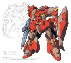 artist_request back beam_rifle cable character_name concept_art energy_gun gundam gundam_hathaway&#039;s_flash machinery mecha mecha_focus messer_(mobile_suit) mobile_suit multiple_views no_humans official_art one-eyed production_art robot scan science_fiction scope shield shoulder_spikes sketch spikes thrusters traditional_media weapon
