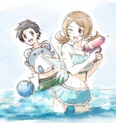 1boy 1girl :d ;d alternate_costume asuka_rkgk bikini blush brown_eyes brown_hair collarbone commentary_request ethan_(pokemon) gen_2_pokemon holding holding_pokemon lyra_(pokemon) marill navel nintendo one_eye_closed open_mouth pokemon pokemon_(creature) pokemon_hgss short_hair smile swimsuit teeth tongue topless_male twintails upper_teeth_only wading water water_gun wet