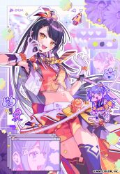 4girls :d armpit_crease armpits back_bow black_hair black_necktie black_shirt black_socks black_thighhighs blueberry blush bow brown_hair chibi cloud clover confetti cropped_jacket double_bun flower food frills fruit gloves graffiti grid hair_bun hair_ornament hairclip headset heart itefu jacket lightning_bolt_symbol long_hair multiple_girls navel necktie nijisanji open_clothes open_jacket open_mouth orange_flower orange_jacket orange_necktie orange_shorts orange_skirt orange_vest paper_airplane ponytail purple_flower rocket_ship shirt shorts skirt smile socks spacecraft sparkle speech_bubble stomach striped_necktie teeth thighhighs tongue umise_yotsuha umise_yotsuha_(1st_costume) umise_yotsuha_(2nd_costume) upper_teeth_only vest virtual_youtuber white_footwear white_gloves white_jacket window_(computing) x yellow_bow
