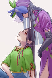 2girls artist_name black_gloves black_hair blue_hair blue_pants breasts china_dress chinese_clothes collarbone colored_inner_hair commentary_request dress elbow_gloves flower flower_on_head food_print fruit_print gloves grape_print green_shirt highres horns leaf long_hair looking_at_another looking_down looking_up medium_breasts multicolored_hair multiple_girls nippaku_zanmu open_mouth pants puffy_short_sleeves puffy_sleeves purple_dress purple_eyes purple_flower purple_veil red_eyes shirt short_sleeves sidelocks simple_background sitting smile standing teeth touhou veil white_background yomotsu_hisami