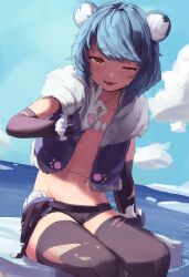 1girl animal_ears animal_hands bear_ears bear_girl black_shorts black_sleeves black_thighhighs blue_hair brown_eyes cloud collarbone cropped_jacket detached_sleeves fur-trimmed_jacket fur_trim highres iceberg icey_snowpaws jacket navel ocean one_eye_closed open_clothes open_jacket open_mouth paw_print rurikon short_hair shorts sky solo thighhighs torn_clothes torn_sleeves torn_thighhighs vallure virtual_youtuber
