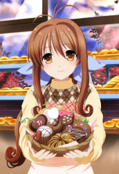Rule 34 | 1girl, absurdres, antenna hair, argyle clothes, argyle sweater, artist request, bread, brown eyes, brown hair, clannad, commentary request, cupcake, donut, food, furukawa sanae, hair ribbon, highres, long hair, looking at viewer, mature female, ponytail, ribbon, solo, sweater, upper body