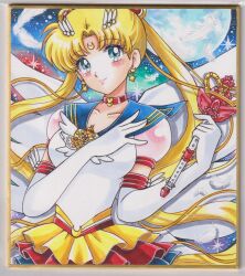 bishoujo_senshi_sailor_moon bishoujo_senshi_sailor_moon_stars blonde_hair blue_eyes blue_sailor_collar brooch choker crescent crescent_earrings crescent_facial_mark double_bun earrings elbow_gloves eternal_moon_article eternal_sailor_moon eternal_tiare facial_mark forehead_mark garnet_rod gloves hair_bun hair_ornament heart heart_brooch heart_hair_bun highres jewelry layered_skirt long_hair magical_girl photo_(medium) red_choker sailor_collar sailor_moon sailor_senshi sailor_senshi_uniform skirt star_(symbol) star_earrings traditional_media tsukino_usagi twintails user_kztc4472 white_gloves wing_brooch winged_wand wings