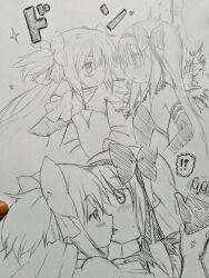 !? 2girls akemi_homura akuma_homura anger_vein assertive_female blush bow breasts cleavage elbow_gloves eye_contact gloves graphite_(medium) hair_bow heart highres kabedon kaname_madoka kiss long_hair looking_at_another low_neckline mahou_shoujo_madoka_magica mahou_shoujo_madoka_magica_(anime) matsubara_ryuu monochrome multiple_girls parted_lips sidelocks sketch small_breasts star_(symbol) traditional_media triangle_mouth twintails ultimate_madoka yuri