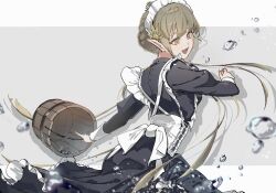 Rule 34 | 1girl, :d, akekaede824, alternate costume, apron, arknights, black dress, blonde hair, bucket, commentary, dress, elf, enmaided, frills, grey background, highres, holding, holding bucket, long hair, long sleeves, looking down, maid, maid apron, maid day, maid headdress, muelsyse (arknights), open mouth, pointy ears, shadow, smile, solo, splashing, water, water drop, white apron, wooden bucket, yellow eyes