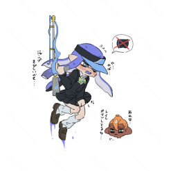 1boy 1girl against_wall black_cardigan black_skirt black_visor blue_hair blue_visor blunt_bangs blush bow bowtie cardigan collared_shirt commentary_request coula_cat cropped_head dark-skinned_male dark_skin dot_nose embarrassed floating_hair flustered full_body green_bow green_bowtie green_hair grey_eyes gun hair_between_eyes hat highres holding holding_gun holding_weapon implied_pantyshot inkling_girl inkling_player_character jitome kneehighs loafers long_hair long_sleeves loose_socks miniskirt mohawk nintendo no_bike_shorts octoling octoling_boy octoling_player_character orange_hair pleated_skirt pointy_ears red_bow red_bowtie shirt shoes short_hair simple_background skirt skirt_tug sliding socks solo_focus speech_bubble splatoon_(series) squiffer_(splatoon) squinting striped_bow striped_bowtie striped_clothes sweatdrop tentacle_hair three_quarter_view translation_request two-tone_hat visor_cap wavy_mouth weapon white_background white_shirt wind wind_lift x