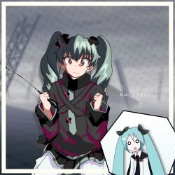 2girls anchovy_(girls_und_panzer) anzio_school_uniform aqua_hair batsu_miku black_cape black_necktie black_ribbon black_skirt brown_eyes cape closed_mouth commentary cosplay costume_switch dress_shirt drill_hair emblem english_commentary frown girls_und_panzer green_hair grey_jacket hair_ribbon hatsune_miku headset highres holding holding_riding_crop inset jacket kneeling long_hair long_sleeves looking_at_viewer miniskirt montoya13 multiple_girls necktie o_o open_mouth pantyhose pleated_skirt ribbon riding_crop school_uniform shirt skirt trait_connection translated twin_drills twintails vocaloid white_pantyhose white_shirt wing_collar