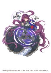 1girl :o absurdres bebe-tan breasts copyright_notice gothic_lolita highres hobbyjapan holding holding_stuffed_toy large_breasts lolita_fashion long_hair looking_at_viewer marvelous murasaki_(senran_kagura) official_art prehensile_hair purple_eyes purple_hair queen&#039;s_blade queen&#039;s_blade_unlimited senran_kagura shuriken solo stuffed_animal stuffed_toy teddy_bear very_long_hair weapon white_background