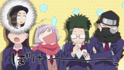 1other 4boys 4girls agari_himiko ahoge animated animated_gif black_hair eating glasses green_hair hat komi-san_wa_komyushou_desu komi_shouko purple_hair mask multiple_boys multiple_girls osana_najimi_(komi-san_wa_komyushou_desu) sleeping tadano_hitohito tagme