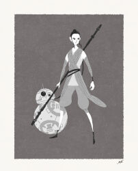 Rule 34 | 1girl, bandaged arm, bandages, bb-8, border, closed mouth, commentary request, full body, grey background, greyscale, hair bun, highres, holding, holding staff, monochrome, namiki kazama, non-humanoid robot, rey (star wars), robe, robot, shoes, short hair, shorts, sidelocks, signature, single hair bun, solo, staff, star wars, white border