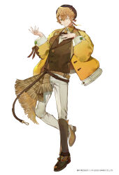 Rule 34 | 1boy, ;), belt, belt buckle, beret, brown belt, brown hair, brown hat, brown shoes, brown vest, buckle, closed mouth, collared shirt, commentary request, dress shirt, fragaria memories, fringe trim, full body, green eyes, hair between eyes, hands up, hat, highres, jacket, long sleeves, looking at viewer, male focus, nozaki tsubata, official art, one eye closed, open clothes, open jacket, pants, puffy long sleeves, puffy sleeves, puruth (fragaria memories), shirt, shoes, simple background, smile, solo, standing, standing on one leg, vest, white background, white pants, white shirt, yellow jacket
