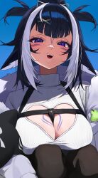 1girl absurdres bandaid bandaid_on_face bandaid_on_nose black_hair black_pantyhose blue_sky body_markings breasts chest_harness cleavage d4kou16 facial_mark hair_ornament harness highres holding indie_virtual_youtuber large_breasts open_mouth pantyhose purple_eyes shadow shylily sky smile solo sweater virtual_youtuber white_hair white_sweater zipper