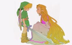 1boy 1girl age_difference armor belt blonde_hair blue_eyes blush boots bridal_gauntlets brown_footwear circlet dress green_hat green_tunic half_updo hands_on_own_knees hat hat_babo height_difference highres holding holding_sword holding_weapon hylian_shield jewelry link long_hair master_sword nintendo parted_lips pauldrons pink_tabard pointy_ears princess_zelda shield shoulder_armor sidelocks squatting standing swept_bangs sword tabard tears the_legend_of_zelda the_legend_of_zelda:_ocarina_of_time time_paradox tunic twitter_username very_long_hair weapon white_background white_dress young_link