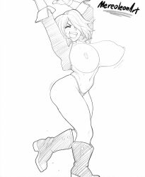 1girl angel_(kof) ass boots bouncing_breasts breasts breasts_out closed_eyes curvy female_focus gloves heel_up huge_ass huge_breasts jacket jiggle leather leather_jacket leg_up mereoleonart nipples no_bra one_eye_covered open_mouth pale_skin panties shaking shoes short_hair smile standing the_king_of_fighters thick_thighs thighs underwear undressing white_hair wide_hips