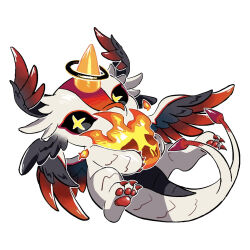Rule 34 | animal focus, black sclera, chibi, chibi only, claws, colored sclera, commentary request, dragon, dragon village (series), dragon village collection, feathered wings, fire, full body, halo, halo around horn, head wings, horns, korean commentary, looking at viewer, no humans, o o (pixiv 91006494), pawpads, simple background, single horn, small dragon, star-shaped pupils, star (symbol), symbol-shaped pupils, tail, temiz (dragon village), temiz (judge) (dragon village), white background, wings