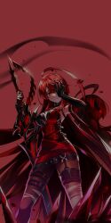 Rule 34 | 1girl, ahoge, asymmetrical bangs, bare shoulders, belt, belt buckle, black belt, black collar, black gloves, blunt bangs, breasts, buckle, cleavage, closed mouth, collar, covering one eye, cowboy shot, darkness, detached collar, different shadow, dress, elbow gloves, elesis (elsword), elsword, fingerless gloves, gloves, grey pantyhose, high collar, highres, holding, holding sword, holding weapon, huge ahoge, huge weapon, hwansang, long hair, medium breasts, multiple belts, official art, orange eyes, pantyhose, red background, red dress, red hair, second-party source, short dress, simple background, single elbow glove, single fingerless glove, smile, strapless, strapless dress, studded belt, sword, thigh belt, thigh strap, torn clothes, torn pantyhose, very long hair, weapon
