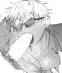 2boys blank_censor censored commentary fellatio glasses gojou_satoru greyscale highres jujutsu_kaisen male_focus male_pubic_hair monochrome multiple_boys oral out_of_frame pasinee1855 pectorals penis pubic_hair rectangular_eyewear short_hair simple_background tongue white_background yaoi
