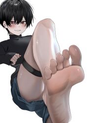1boy absurdres akanei6no_sora barefoot black_hair blush commentary feet foot_focus foreshortening from_below hair_between_eyes highres knee_up leg_up long_sleeves looking_at_viewer male_focus male_underwear original perspective red_eyes shiny_skin short_hair sidelighting skindentation smirk soles solo standing standing_on_one_leg sweater thigh_strap thighs toes turtleneck turtleneck_sweater underwear white_background