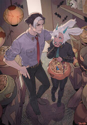 Rule 34 | 1boy, 1girl, animal ears, artist name, bat (animal), black bracer, black footwear, black pants, black shirt, blue eyes, blue horns, blue nails, blue necktie, box, bracer, breast pocket, broom, brown footwear, brown hair, byuub, candy, caught, commentary, cookie, emet-selch, english commentary, fake horns, final fantasy, final fantasy xiv, fingernails, food, garlean, grey shirt, halloween, halloween bucket, hand on own hip, horns, indoors, jack-o&#039;-lantern, looking at another, multicolored hair, necktie, pants, paw print, picking up, pocket, rabbit ears, red necktie, security guard, sharp fingernails, shirt, short hair, sweatdrop, two-tone hair, viera, warrior of light (ff14), white hair, wrapped candy, yellow eyes