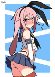 1boy absurdres animal_ears ansel_(arknights) arknights artist_name ass black_hairband black_outline black_panties blue_background blue_sailor_collar blue_skirt blush closed_mouth cosplay crop_top crossdressing elbow_gloves flying_sweatdrops from_behind gloves hairband hendra highres looking_at_viewer male_focus miniskirt neckerchief nose_blush outline panties pink_hair pleated_skirt rabbit_boy rabbit_ears sailor_collar school_uniform serafuku shimakaze_(kancolle) shimakaze_(kancolle)_(cosplay) signature simple_background skirt solo striped_clothes striped_thighhighs thighhighs thong trap underwear white_gloves