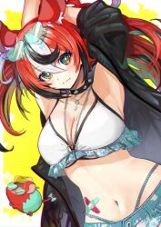 1girl alternate_costume animal_ears arms_up bikini black_jacket breasts cleavage collar denim denim_shorts eyewear_on_head fang hakos_baelz heart heart-shaped_eyewear highres hololive hololive_english iris_(tb33064667) jacket jewelry key key_necklace large_breasts mouse_ears mr._squeaks_(hakos_baelz) multicolored_hair navel necklace red_hair shorts spiked_collar spikes streaked_hair swimsuit twintails virtual_youtuber white_bikini yellow_background