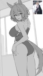 Rule 34 | 1girl, absurdres, agnes tachyon (umamusume), animal ears, ass, breasts, from behind, greyscale, highres, horse ears, horse girl, horse tail, inset, large breasts, monochrome, one-piece swimsuit, photo inset, solo, swimsuit, tail, tobildesu, umamusume