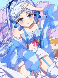 1girl 1other absurdres akita_inu alternate_costume aqua_eyes aqua_hair ayaka_(genshin_impact) bare_shoulders blunt_sidelocks blush butterfly_hair_ornament closed_mouth collarbone dog garter_straps genshin_impact hair_ornament highres long_hair long_sleeves looking_at_viewer mole mole_under_eye navel open_mouth ponytail sankaku_(maruchann32) sidelocks sitting sleep_mask stomach thighhighs wariza white_thighhighs