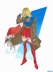 Rule 34 | absurdres, animal collar, belt, blonde hair, boots, cape, coat, collar, dc comics, drunk, flying, highres, krypto the superdog, long hair, open mouth, polluxery, red boots, red cape, red skirt, skirt, supergirl, superman (2025), superman logo, thigh boots, trench coat, white dog