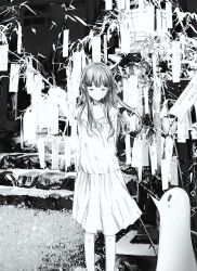 Rule 34 | 1boy, 1girl, absurdres, arms behind back, dress, floating hair, greyscale, highres, hos1 i, long hair, monochrome, ofuda, onodera punpun, outdoors, oyasumi punpun, shrine, sleeveless, sleeveless dress, stairs, standing, sundress, tanaka aiko