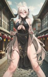 1girl absurdres arm_strap bare_shoulders black_dress blue_sky breasts china_dress chinese_clothes cleavage clothes_lift clothing_cutout cloud commission day dress dress_lift flower glitter_dress hair_between_eyes hair_flower hair_ornament highres large_breasts legs_apart lethe_rin lifting_own_clothes long_hair looking_at_viewer muloli no_bra no_panties original outdoors pelvic_curtain red_eyes road scrunchie sky sleeveless sleeveless_dress solo standing street thigh_strap thighs underboob underboob_cutout very_long_hair white_hair wrist_scrunchie