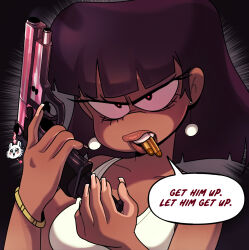 1girl alternate_skin_color bracelet brown_hair dark-skinned_female dark_skin english_text gun handgun highres holding holding_gun holding_weapon jewelry looking_at_viewer lori_bloud mahmapuu portrait solo speech_bubble tank_top the_bloud_house the_loud_house weapon white_tank_top