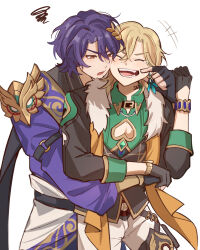 +++ 2boys :d :o ^_^ ancient_greek_clothes aqua_shirt armor aventurine_(honkai:_star_rail) black_collar black_gloves black_jacket black_shirt black_vest blonde_hair blush bracelet cheek_pinching cleavage_cutout closed_eyes clothing_cutout collar collared_shirt commentary cowboy_shot crossed_bangs dr._ratio_(honkai:_star_rail) earrings english_commentary fingerless_gloves fur-trimmed_jacket fur_trim gloves gold_trim greco-roman_clothes hair_between_eyes hair_ornament hand_up highres honkai:_star_rail honkai_(series) hug hug_from_behind jacket jewelry laughing long_sleeves looking_at_another male_focus meronppaii multiple_boys neck_tattoo open_clothes open_jacket open_mouth pants parted_bangs pauldrons pinching purple_hair red_eyes shirt short_hair shoulder_armor simple_background single_earring single_pauldron smile squiggle standing tattoo tearing_up teeth thigh_strap v-shaped_eyebrows vest watch white_background white_pants wing_collar wristwatch yaoi