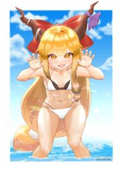 1girl alternate_costume bikini blonde_hair blue_sky blush border bow breasts brown_horns claw_pose cloud commentary_request feet_out_of_frame fingernails hair_bow highres horn_bow horn_ornament horns ibuki_suika kurohiba leaning_forward long_hair looking_at_viewer low-tied_long_hair multi-strapped_bikini_bottom navel open_mouth orange_eyes pink_nails purple_bow red_bow sidelocks signature sky small_breasts smile solo swimsuit touhou very_long_hair water white_bikini white_border