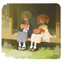 2girls ^_^ alternate_costume border closed_eyes closed_mouth day eating expressionless floral_print flower food fruit grass green_eyes green_hair hair_flower hair_ornament hair_scrunchie highres holding holding_food iwasaki_minami japanese_clothes japanese_house kimono kobayakawa_yutaka leaning_back long_hair long_sleeves lucky_star multiple_girls obi one_side_up open_mouth orange_hair outdoors platform_sandals sandals sash scrunchie seleca shadow short_hair side_ponytail sitting smile socks tabi tsurime twintails veranda watermelon watermelon_slice white_border wide_sleeves yukata