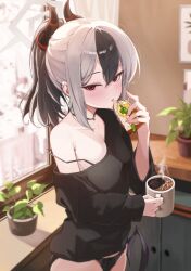 Rule 34 | 1girl, absurdres, black choker, black hair, black horns, black panties, black sweater, blue archive, blurry, blurry background, blush, bra strap, breasts, choker, coffee, coffee mug, collarbone, commentary, cup, demon horns, demon wings, earclip, eating, flower pot, food, from side, gemb, grey hair, grey halo, hair between eyes, halo, highres, holding, holding cup, holding food, horns, indoors, kayoko (blue archive), long sleeves, looking at viewer, low wings, mole, mole on collarbone, mug, multicolored hair, no pants, off shoulder, panties, parted lips, plant, ponytail, potted plant, red eyes, sandwich, single wing, small breasts, solo, strap slip, sweater, symbol-only commentary, two-tone hair, underwear, upper body, wings