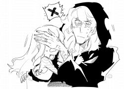 1boy 1girl bare_arms bare_shoulders covering_another&#039;s_eyes curse_maker curse_maker_1 doctor_magus doctor_magus_4 dress etrian_odyssey greyscale hair_between_eyes highres hood hood_up hooded_robe long_sleeves monochrome nikki_kyousuke open_mouth robe sleeveless sleeveless_dress spoken_x sweat upper_body v-shaped_eyebrows watermark white_background wide_sleeves