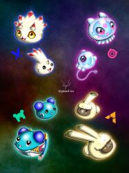 Rule 34 | bosamon, circle, curimon, dark skin, digimon, digimon (creature), digimon ghost game, floating, gurimon, gusart, happy, highres, horns, jellyfish, mouse (animal), oridigi, puyomon, puyoyomon, pyonmon, smile, tentacles