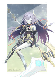 Rule 34 | 1girl, absurdres, bare shoulders, closed eyes, closed mouth, duel monster, galatea the orcust automaton, hand on own chest, highres, holding, holding scythe, holding weapon, ib (yu-gi-oh!), joints, kabanoki, long hair, mechanical arms, mechanical legs, orange ribbon, purple hair, ribbon, robot, robot girl, robot joints, scythe, solo, weapon, yu-gi-oh!