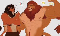 2boys abs absurdres animal_ears ariyakonsuay arm_up armpits bara brothers claws closed_mouth commentary english_commentary fangs flexing furry furry_male green_eyes grey_background highres lion_boy lion_ears lion_mane lion_tail looking_at_another male_focus mufasa multiple_boys muscular muscular_male nipples open_mouth pectorals red_eyes scar_(the_lion_king) scribble siblings spoken_food spoken_object tail the_lion_king topless_male whiskers