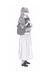 1girl alternate_costume asymmetrical_bangs bag book closed_mouth dungeon_meshi elf frs2 full_body greyscale hands_up highres holding holding_book loafers long_hair long_skirt long_sleeves looking_at_viewer marcille_donato monochrome pointy_ears ponytail shoes shoulder_bag simple_background skirt solo standing sweater white_background