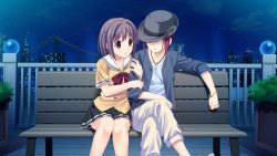 10s 2girls brown_eyes brown_hair chair game_cg hat highres jewelry kitami_minamo koigakubo_chihaya koutaro long_hair multiple_girls necklace night red_hair short_hair smile tomato tropical_kiss tropical_vacation twinkle_(company)