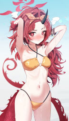 1girl :o absurdres armpits arms_up bikini blue_archive blush breasts collarbone commentary criss-cross_halter dragon_horns dragon_tail embarrassed gluteal_fold groin halo halterneck head_steam highleg highleg_bikini highres horns long_hair looking_at_viewer navel nose_blush o-ring o-ring_bikini official_alternate_costume orange_bikini red_eyes red_hair renge_(blue_archive) renge_(swimsuit)_(blue_archive) sikimosh single_horn small_breasts solo stomach string_bikini sweat swimsuit tail tears very_long_hair