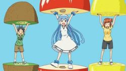1boy 2girls aizawa_eiko aizawa_takeru animated animated_gif black_hair closed_eyes dancing food fruit ikamusume kiwi_(fruit) lemon lowres multiple_girls open_mouth red_hair screencap shinryaku!_ikamusume shoes shorts socks tentacle_hair