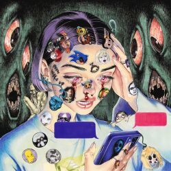 1girl absurdly_detailed_composition ao_oni ayuwoki backrooms_(creepypasta) bart_simpson ben_drowned blank_room_soup blood bloody_tears chica cogum3li courage_the_cowardly_dog creepypasta english_text five_nights_at_freddy&#039;s freddy_fazbear hand_up highres holding holding_phone horror_(theme) i_feel_fanastic jeff_the_killer michael_jackson mickey_mouse mickey_mouse_&amp;_friends momo_(creepypasta) nintendo open_mouth phone pink_eyes purple_hair russian_sleep_experiment_(creepypasta) shirt short_hair slender_man solo sonic.exe sonic_(series) sonic_the_hedgehog squidward_tentacles teletubbies the_legend_of_zelda the_legend_of_zelda:_majora&#039;s_mask the_oni_(ao_oni) this_man upper_body white_shirt