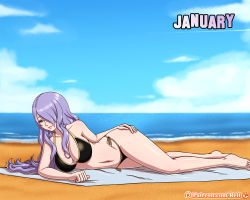 1girl barefoot beach bikini black_bikini breasts camilla_(fire_emblem) cleavage cloud fire_emblem fire_emblem_fates hair_over_one_eye highres large_breasts long_hair navel nintendo ocean purple_hair reit sand side-tie_bikini_bottom sky solo swimsuit towel water